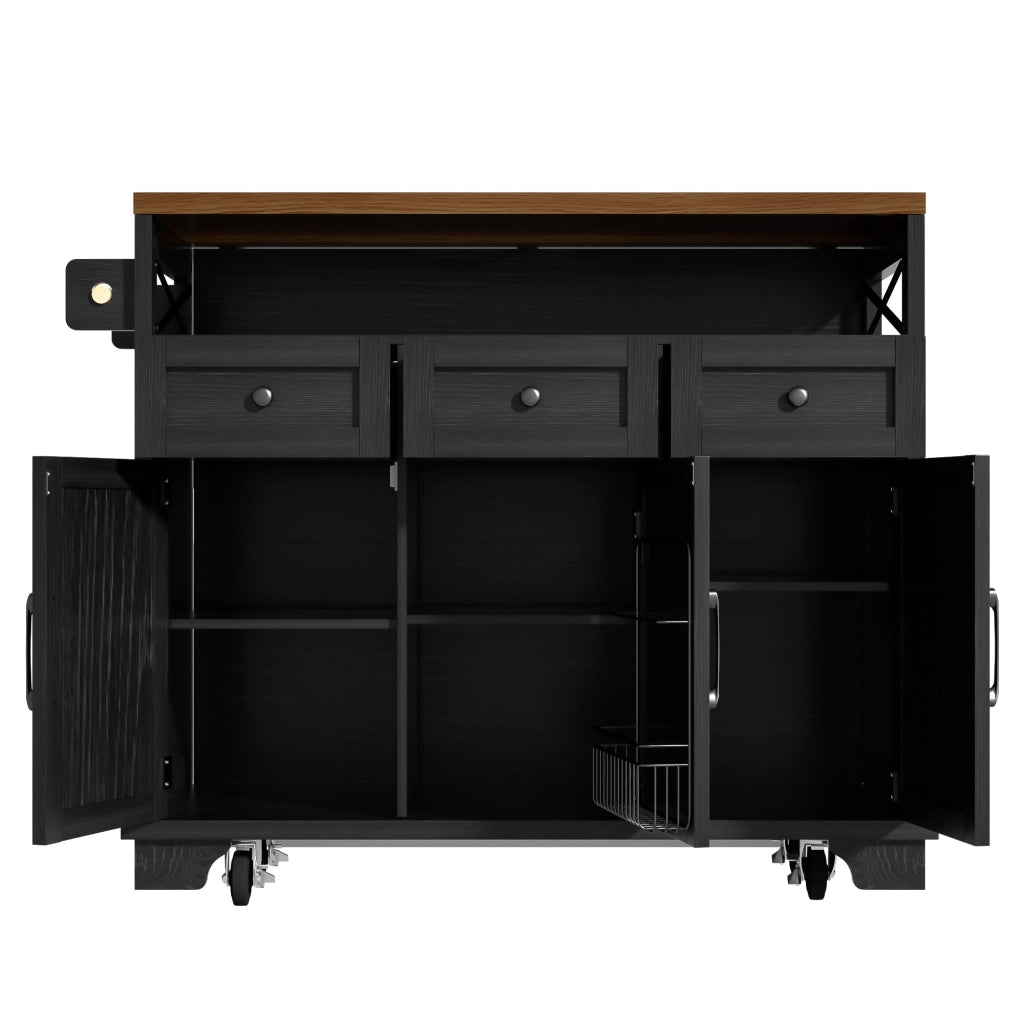OKWISH Isola da Cucina con 3 Cassetti, Piano Pieghevole e Ruote, Portaasciugamani Laterale, Nero, 118 x 43 x 98 cm
