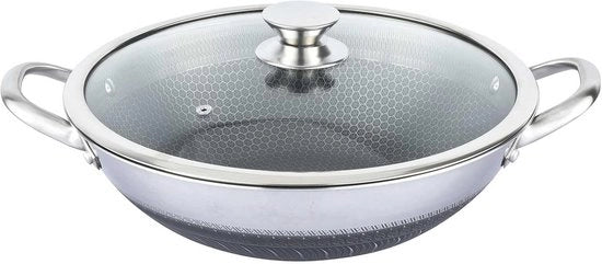 Piatto Wok in acciaio inox da 32 cm con coperchio in vetro - Antiscivolo e struttura a miele - Adatto per induzione e forno