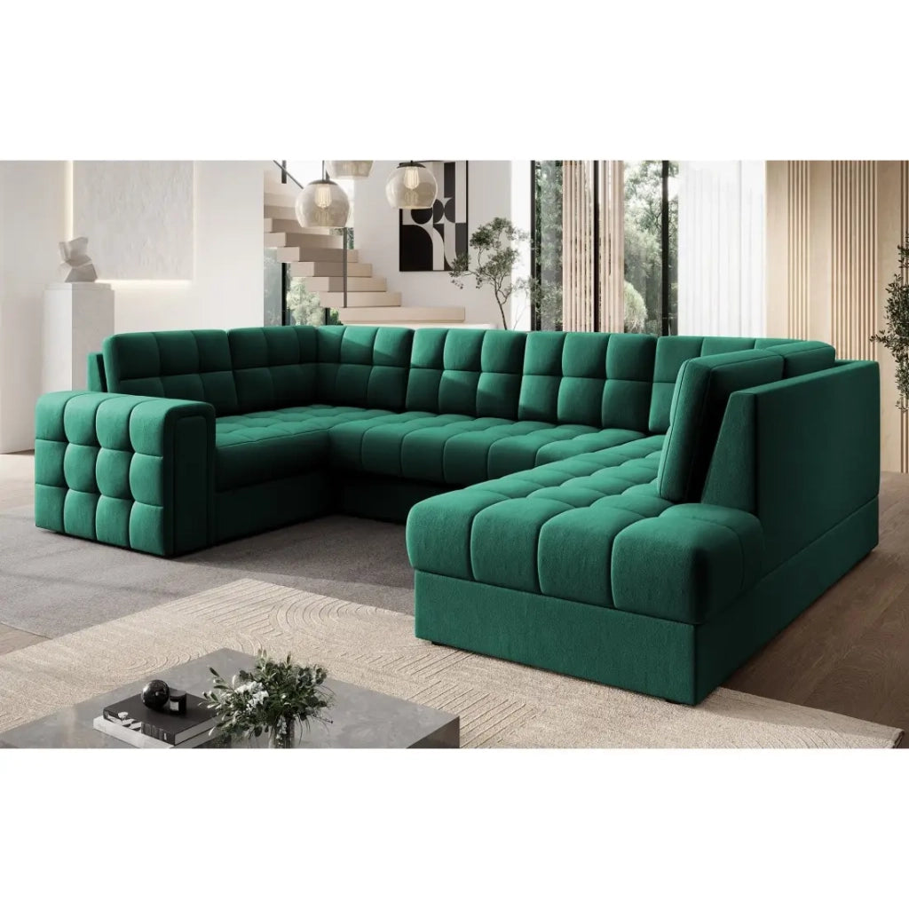 Divano ad angolo convertibile MONTEZA verde 299 cm con contenitore e letto