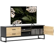 Mobile Porta TV 60" con Armadietto, 2 Cassetti e Ripiani Aperti, 140x35x45 cm, Legno Naturale