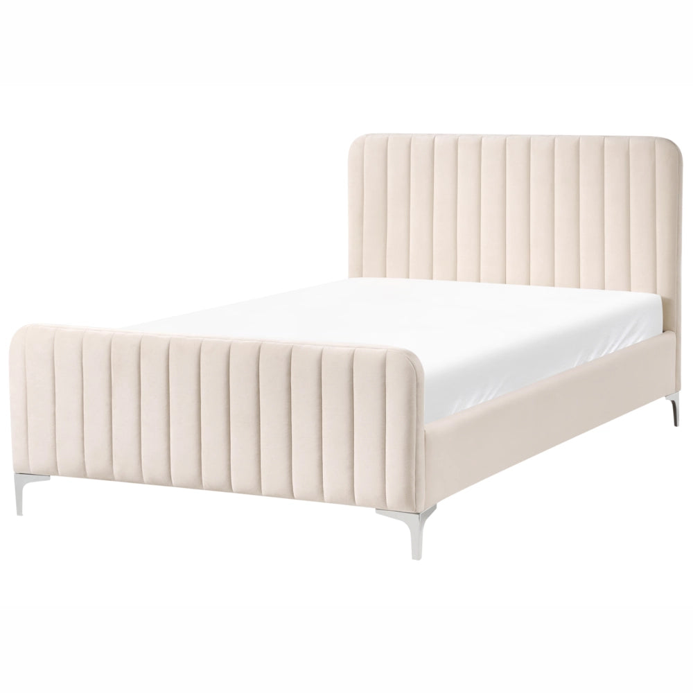 Letto matrimoniale in velluto con testiera trapuntata gambe in metallo da 120 x 200 cm e base a doghe beige Design moderno