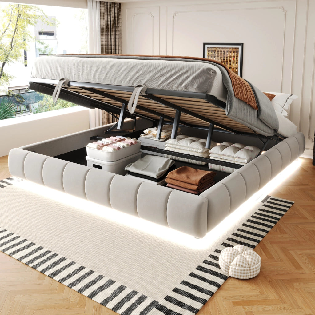 Letto imbottito 180x200 cm con contenitore idraulico e LED