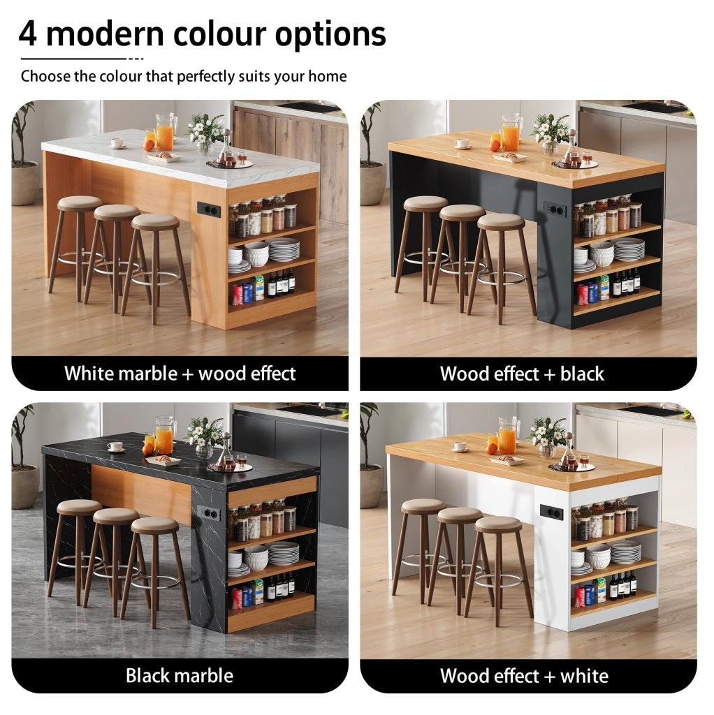 Isola da cucina 155x80x90 cm con LED; prese AC e USB; piano in MDF naturale e bianco