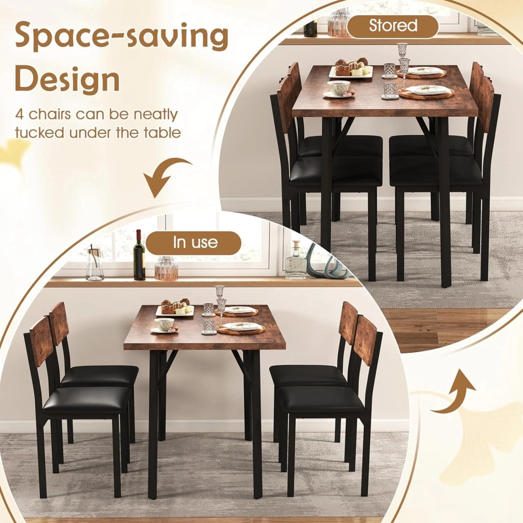 Set da Pranzo 5 Pezzi per 4 Persone, Tavolo da Cucina Rettangolare Industriale con 4 Sedie Imbottite con Gambe in Metallo, Seduta Imbottita, Mobili Salvaspazio per Colazione in Appartamento