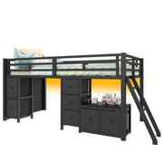 Letto a soppalco 90x200 nero in metallo con cassetti libreria e luci LED