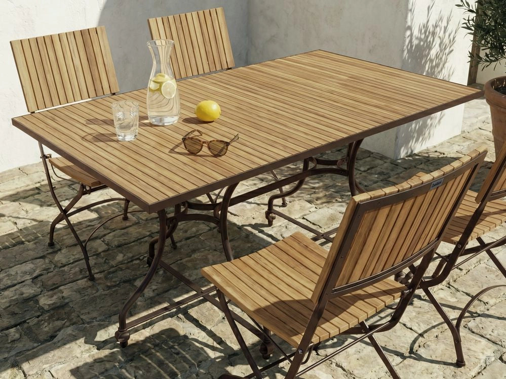 Tavolo da pranzo da giardino con struttura in acciaio e piano in legno di acacia marrone chiaro, rotondo, per patio e terrazzo