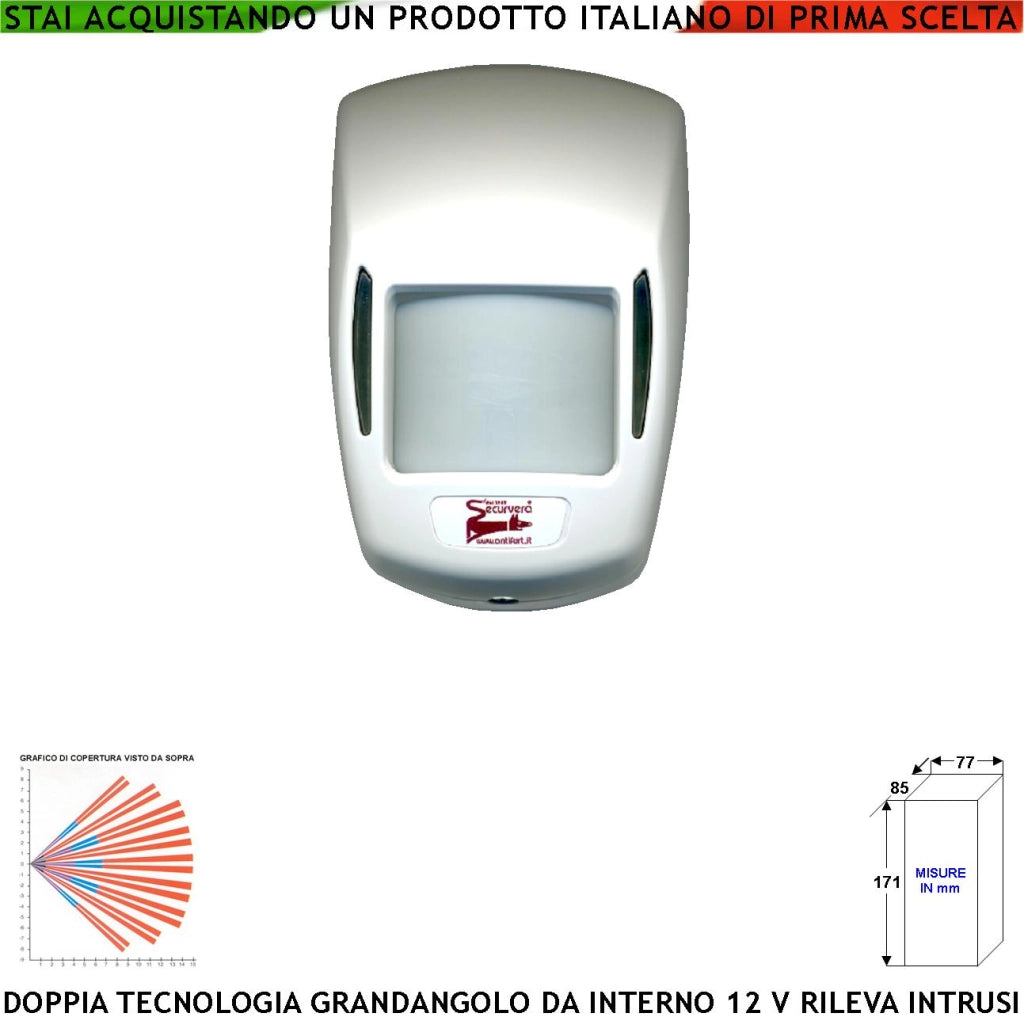 Sensore Movimento Doppia Tecnologia Grandangolo Per Antifurto Portata 15 MT da Interno Rileva Intruso Entro 90 Gradi Alimentazione 12 V Assorbimento 10 mA Infrarosso Lente 18 Fasci Bianco Snodo ABS