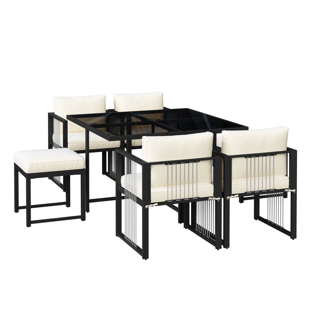 Set Tavolo e Sedie da Giardino con 1 Tavolo Quadrato; 4 Poltrone e 2 Poggiapiedi; Metallo; Vetro; Tessuto; Nero e Bianco