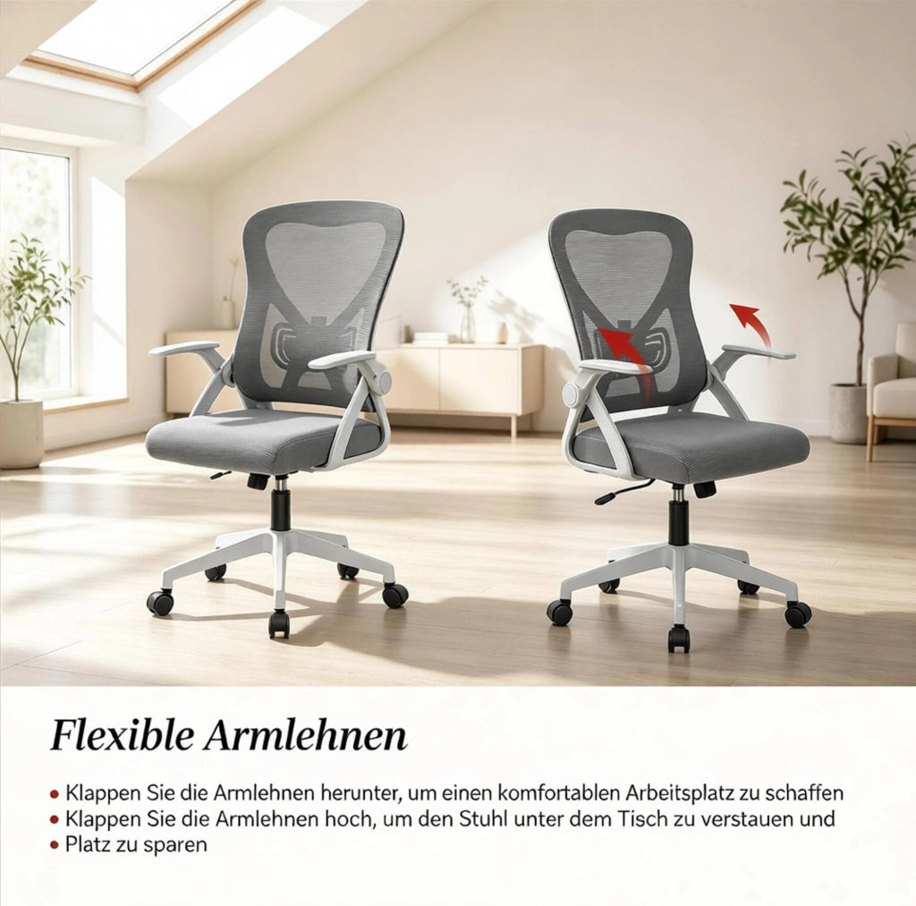 Sedia da ufficio ergonomica grigia con braccioli pieghevoli