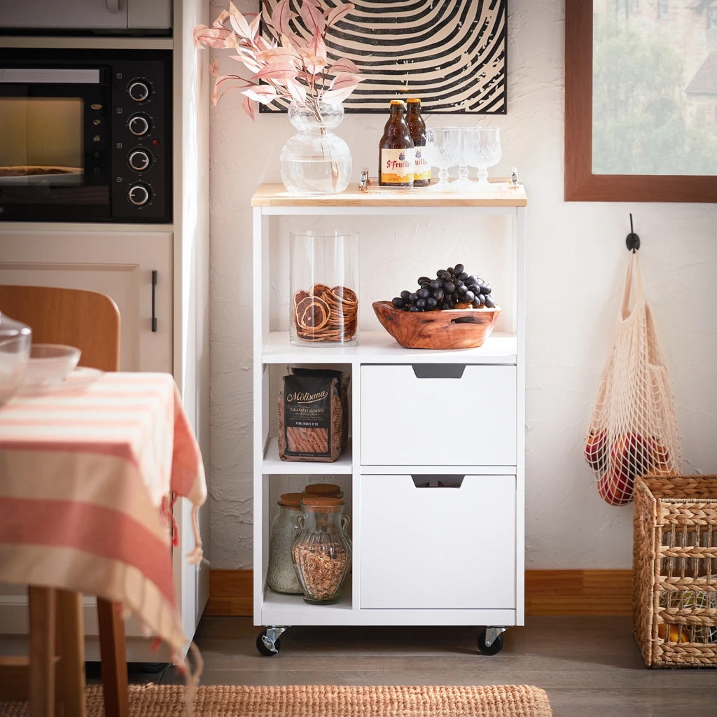 Carrello da cucina con 2 cassetti e 3 ripiani, Carrello da servizio, Carrelli portaoggetti, Bianco-Naturale 53x37x89cm FKW111-WN
