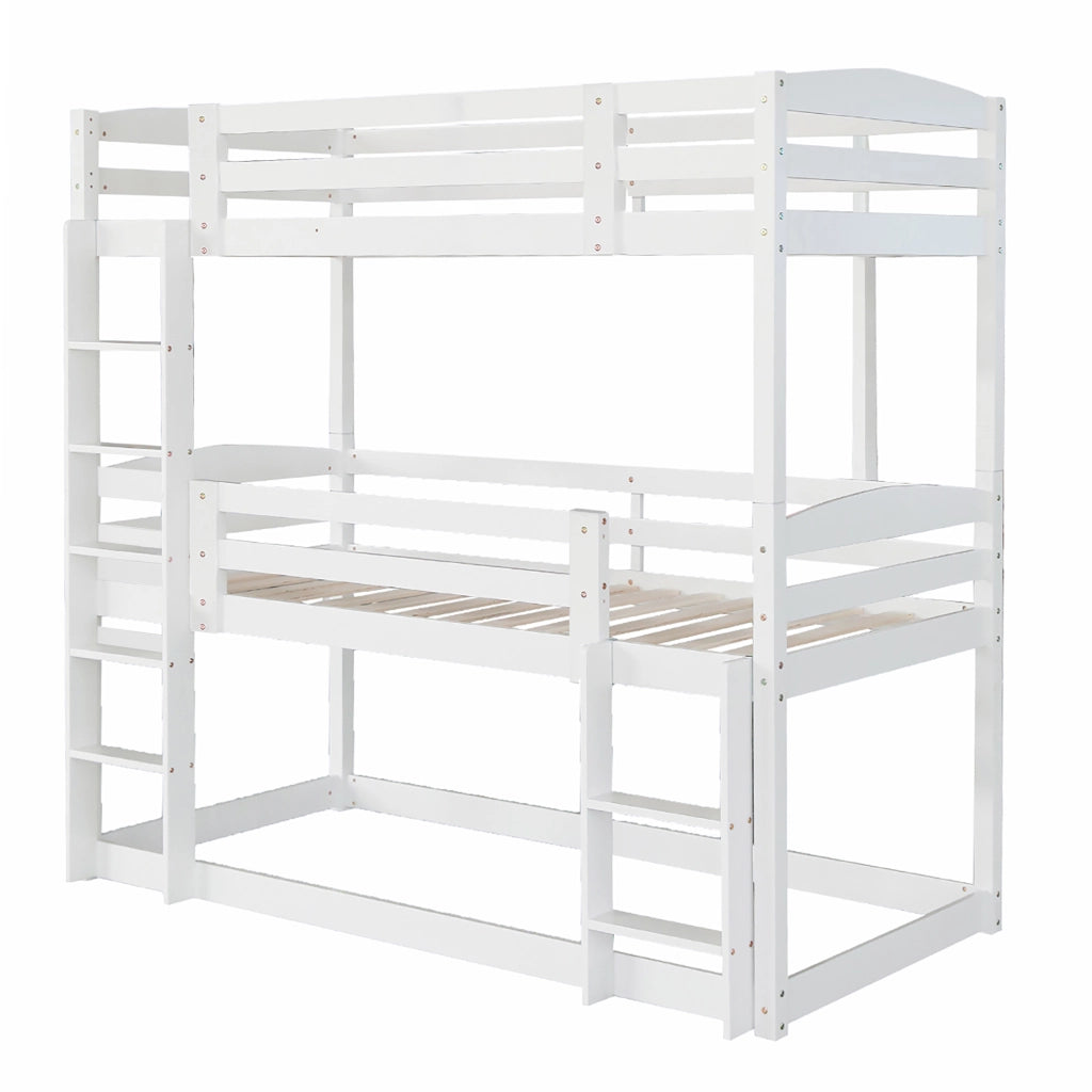 Letto a Castello 90x200 cm; 3 Posti; con Due Scale e Parapetti Alti; in Legno; Bianco