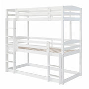 Letto a Castello 90x200 cm; 3 Posti; con Due Scale e Parapetti Alti; in Legno; Bianco