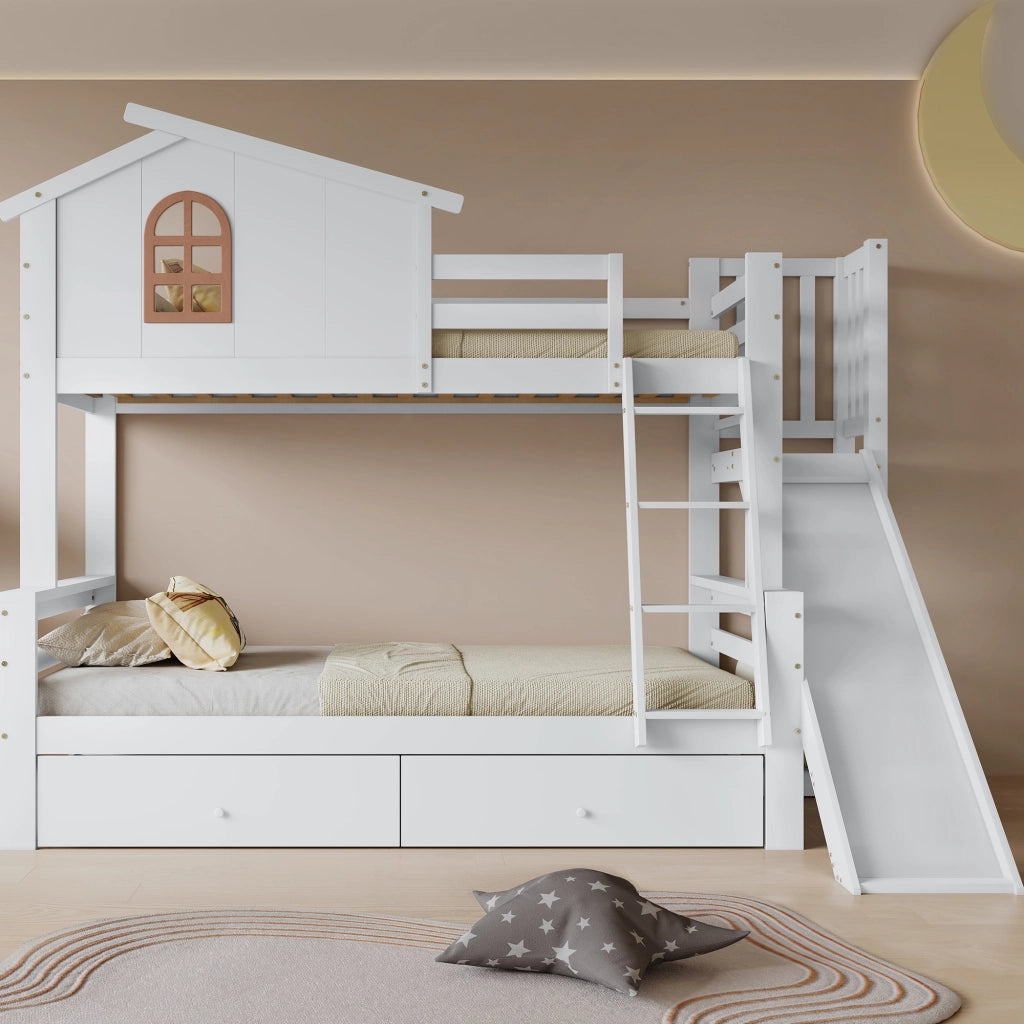 OKWISH Letto a Castello 90×200 cm e 120×200 cm, Letto 3 Posti con Scivolo, 2 Cassetti, Scala Inclinata e Finestra, senza Materasso