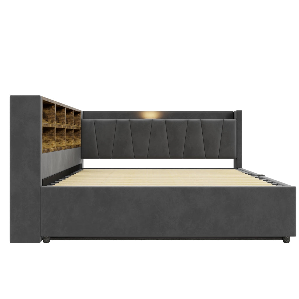 DESMIU Letto contenitore 140 × 200 cm 2 posti con luce LED, USB e Type-C, ripiani e vano idraulico, senza materasso, grigio