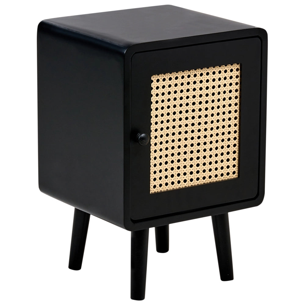 Comodino in rattan sintetico nero con fronte MDF impiallacciato stile boho soggiorno camera da letto