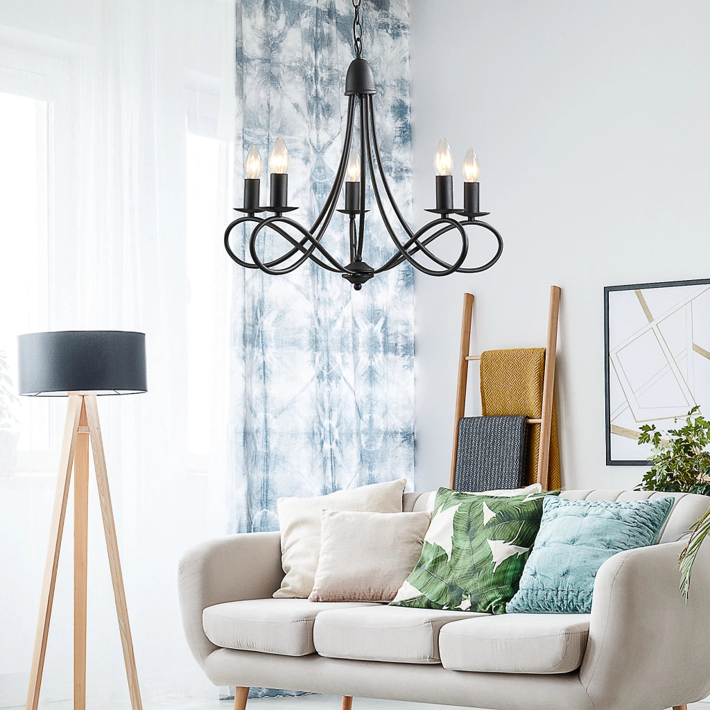Lampadario a Soffitto Stile Rustico, Acciaio Intrecciato Nero con 5 Candelieri Regolabili e Pieghevoli §¶58 x 45cm