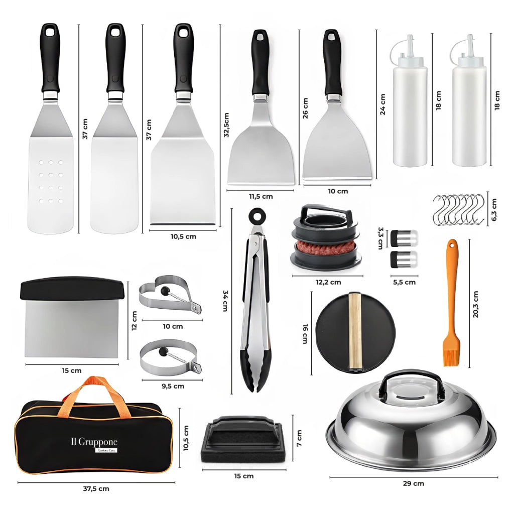 Set Accessori Barbecue Professionale 27 Pezzi Kit Completo BBQ Smash Burger, Pressa Hamburger, Spatole, Pinze, Cloche e Dispenser Salse – Utensili in Acciaio Inox con Borsa Trasporto