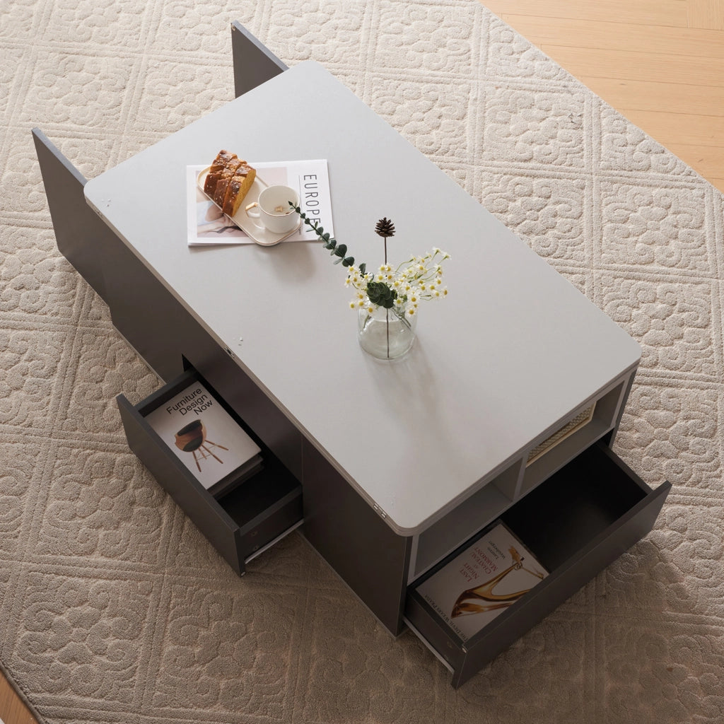 Tavolino basso sollevabile 2 in 1 con 2 cassetti in pannello truciolare grigio 100 × 51 × 47 cm