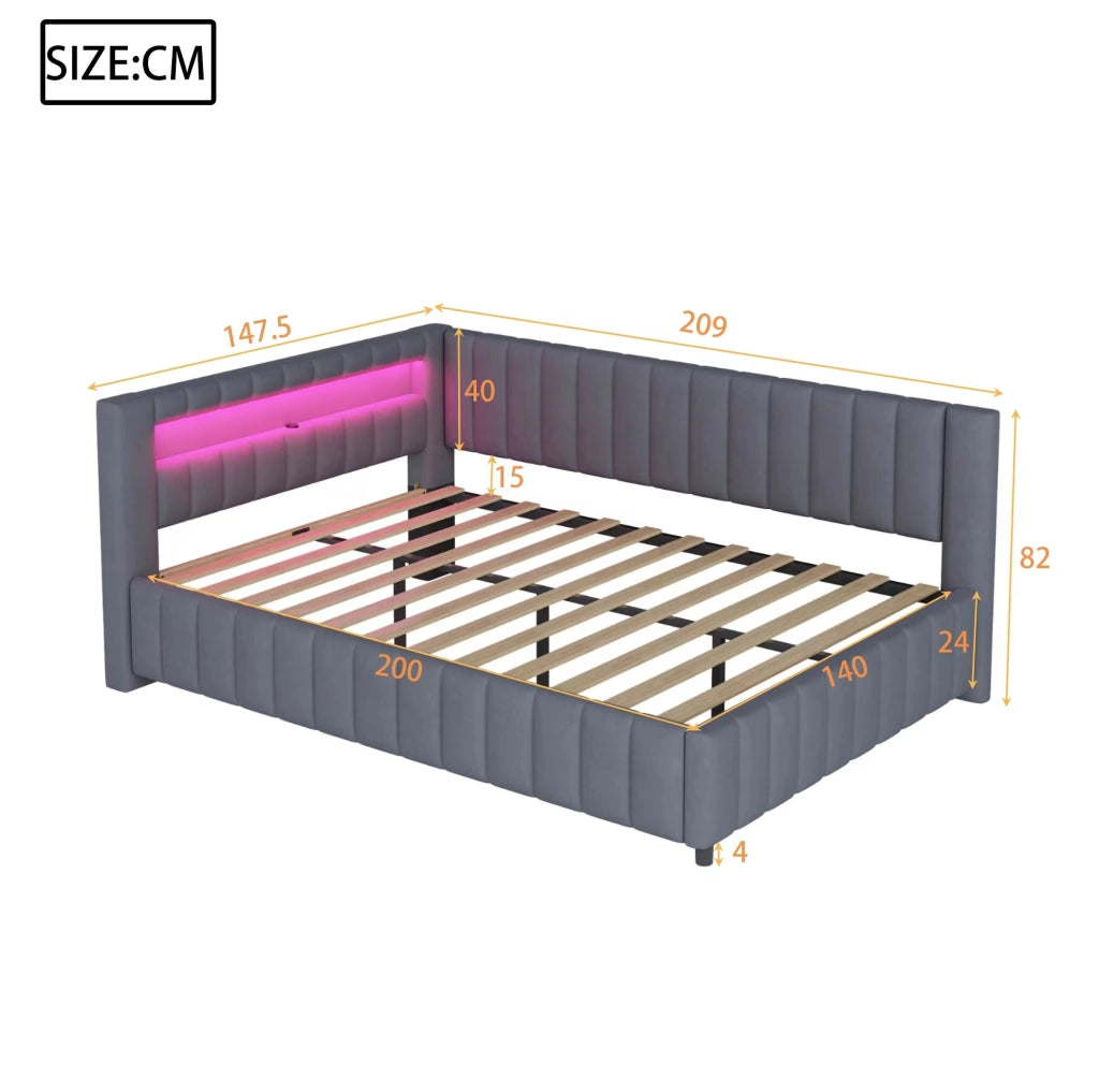 Letto imbottito a L 140x200 cm in velluto grigio con LED e porta USB