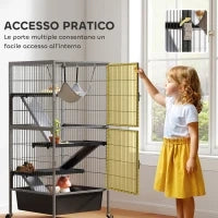 Gabbia per Piccoli Animali a 4 Livelli con Rampe, Piattaforme, Amaca e Ruote, 52x52x115 cm, Grigio