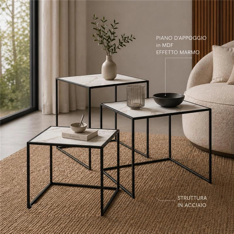 SET DI TRE TAVOLINI QUADRATI CONSTRUTTURA IN METALLO NERO E TOP IN MDF EFFETTO MARMO MISURE: 35X40CM, 40X45CM, 45X50CM