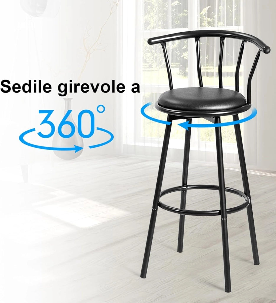Sgabello Alto, Girevole a 360°, Set di 2 Sedie da Bar con schienale e poggiapiedi, 101,5 x 56 x 55 cm, Portata Massima 150 kg (Nero)