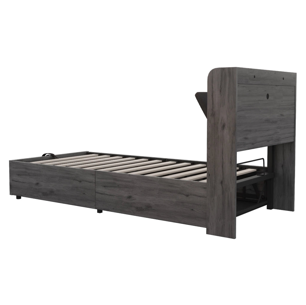 Letto singolo 90x200 cm con contenitore idraulico, USB e Type-C, grigio