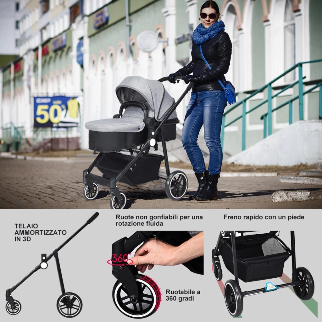 2 in 1 Passeggino per Bambini, Passeggino Pieghevole con Sedile Reversibile, Schienale Regolabile, Passeggino Leggero con Cintura di Sicurezza, Copertura, per Bambini 0-3 Anni (Grigio)