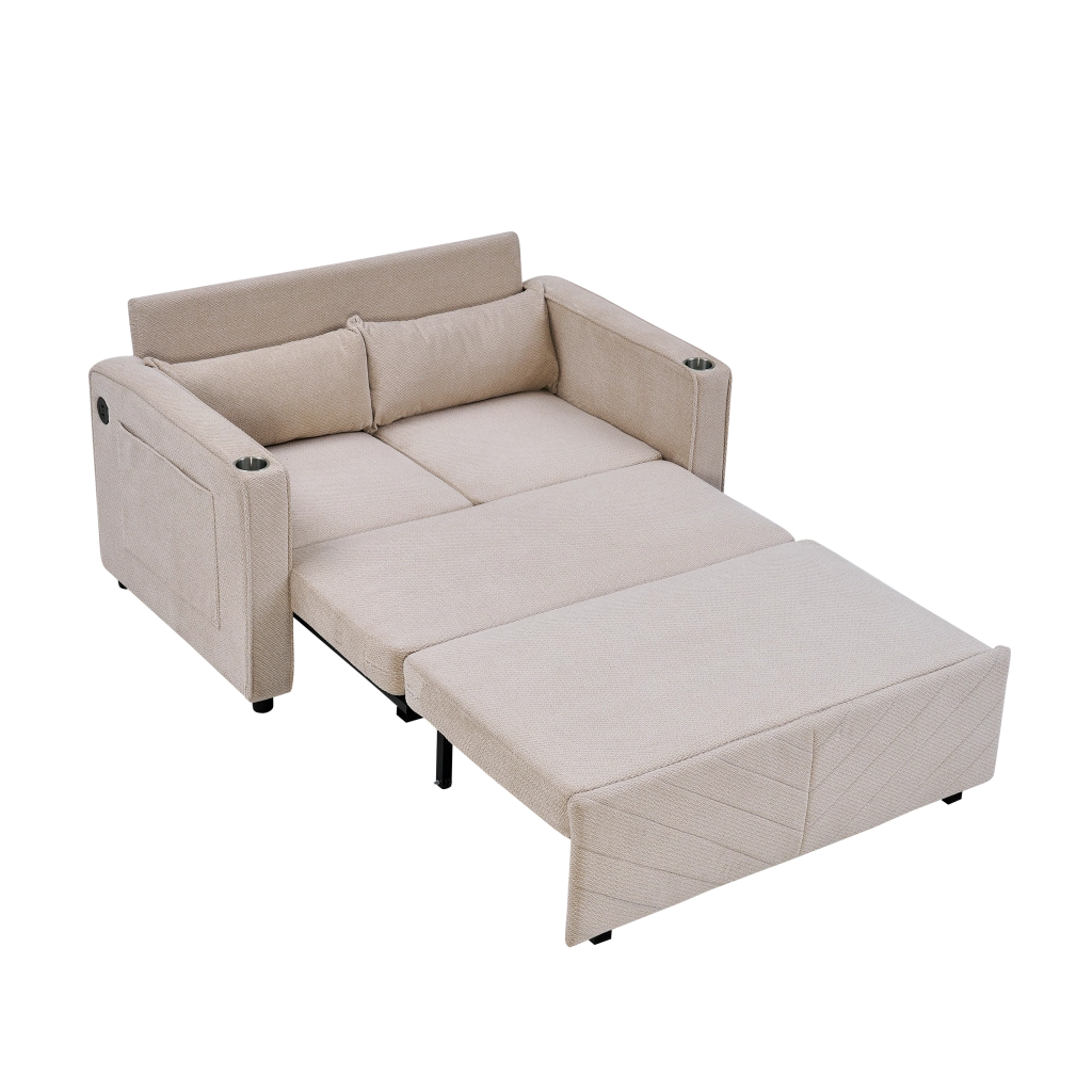 Divano letto 2 posti con trasformazione scorrevole e porte usb in legno e tessuto beige 195 × 134 × 73 cm
