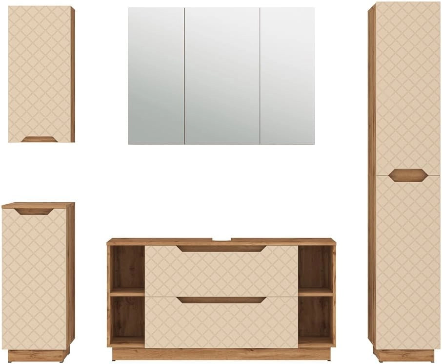 Set di mobili da bagno Lotta, Rovere/cashmere con struttura in piastrelle, 5 parti