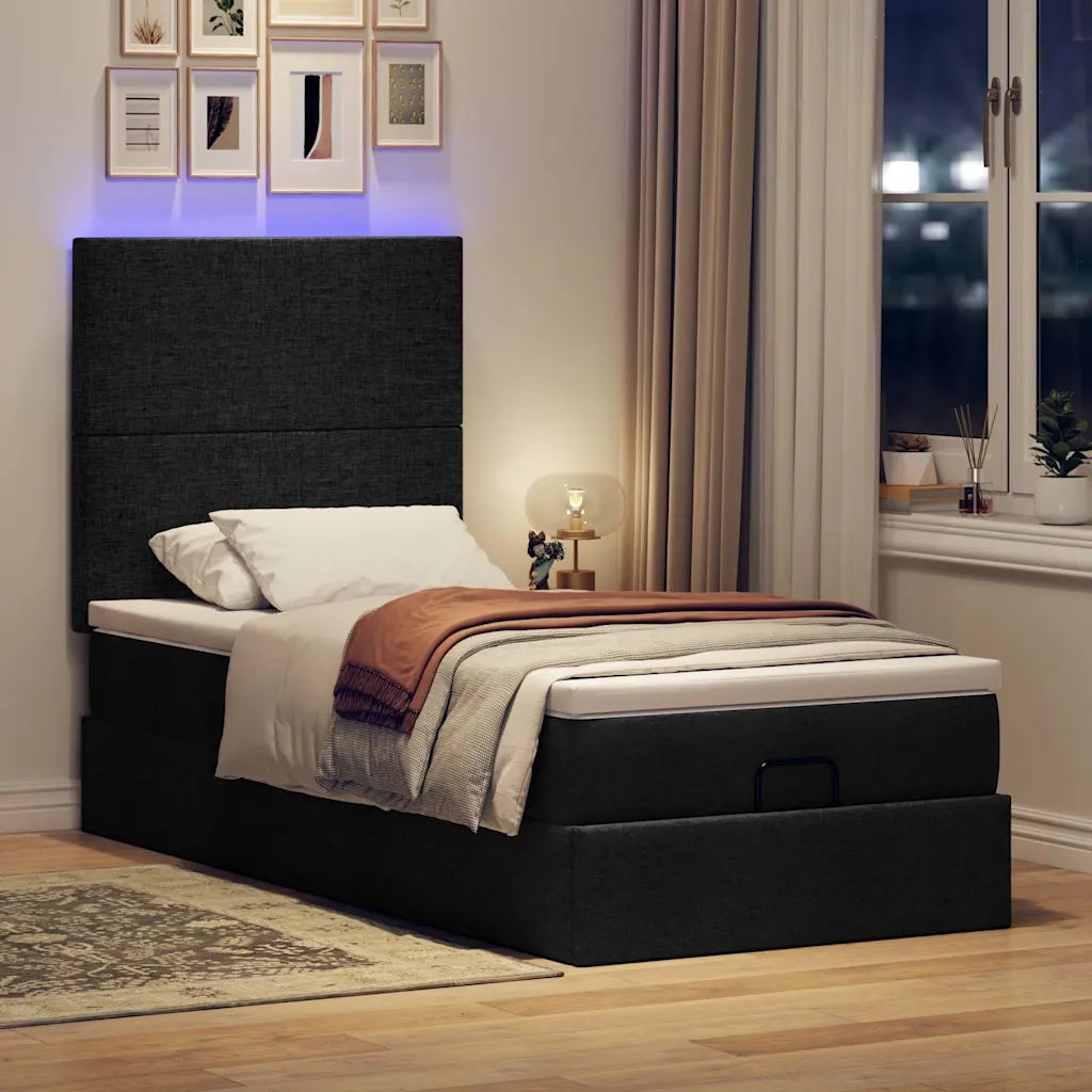 Pouf Letto con Materasso e LED Nero 80x200cm in Tessuto
