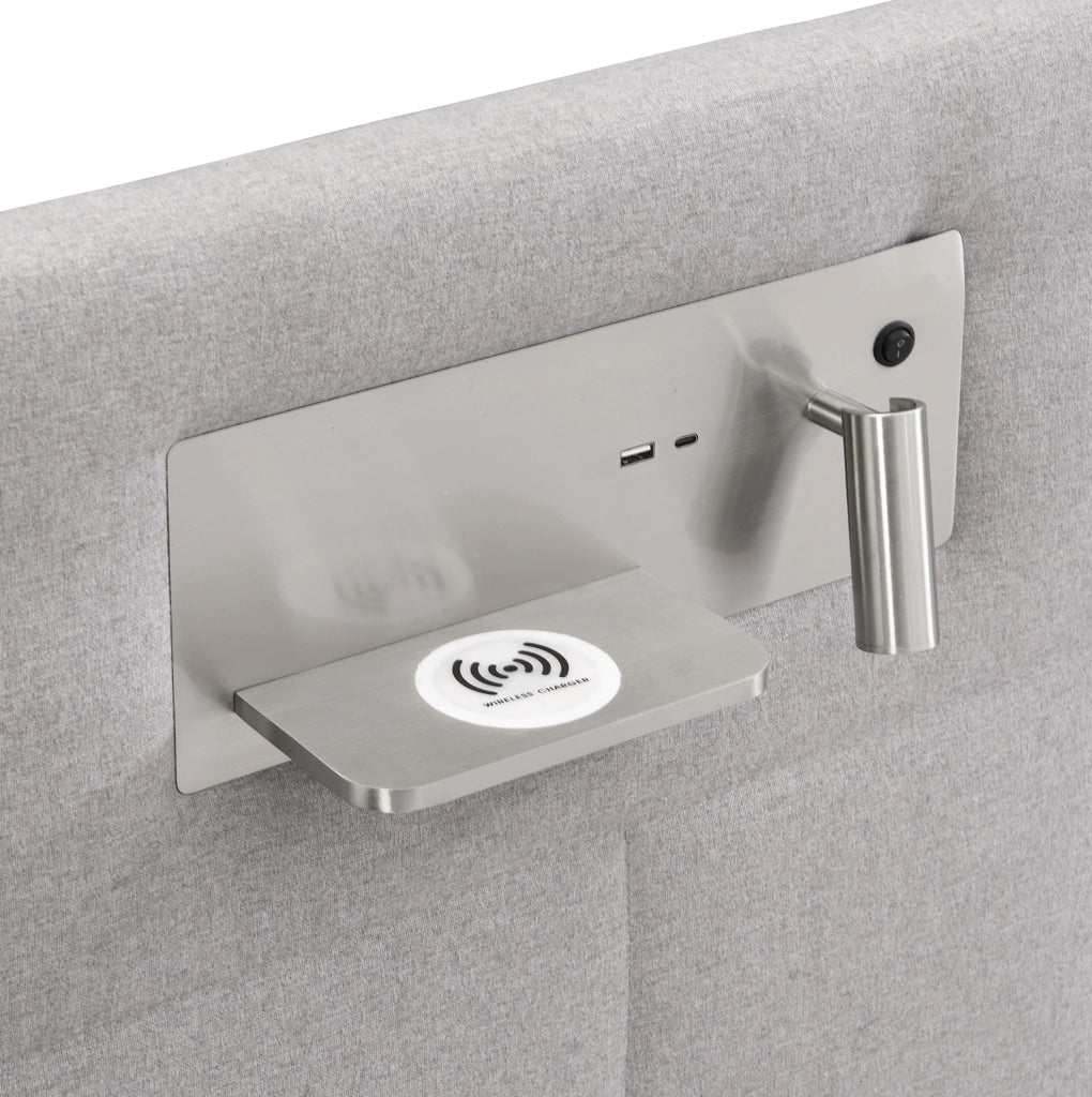 Letto imbottito 180x200 cm con USB; ricarica wireless; luce e contenitore; grigio