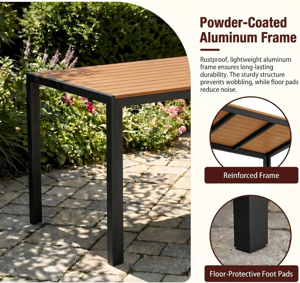 Tavolo da Giardino Moderno in WPC 110 x 70 cm, Tavolo da Pranzo per Esterno per 4-6 Persone, Tavolo da Balcone Salvaspazio in Alluminio, Design Effetto Legno,Marrone Teak