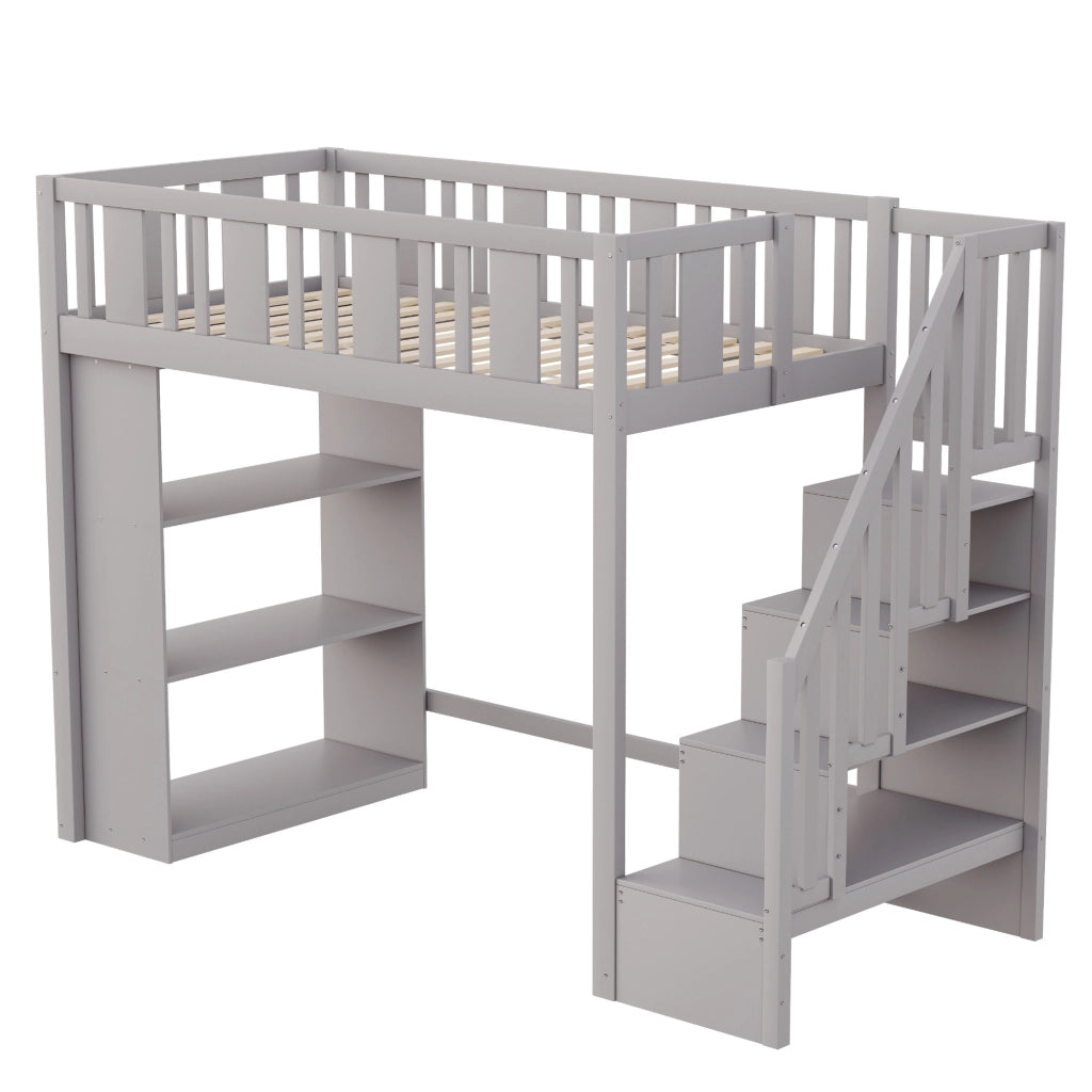 OKWISH Letto a Soppalco 90×200 cm, Letto Singolo con Scala Contenitore, 3 Scomparti e Sponda di Sicurezza, senza Materasso, Legno, Grigio