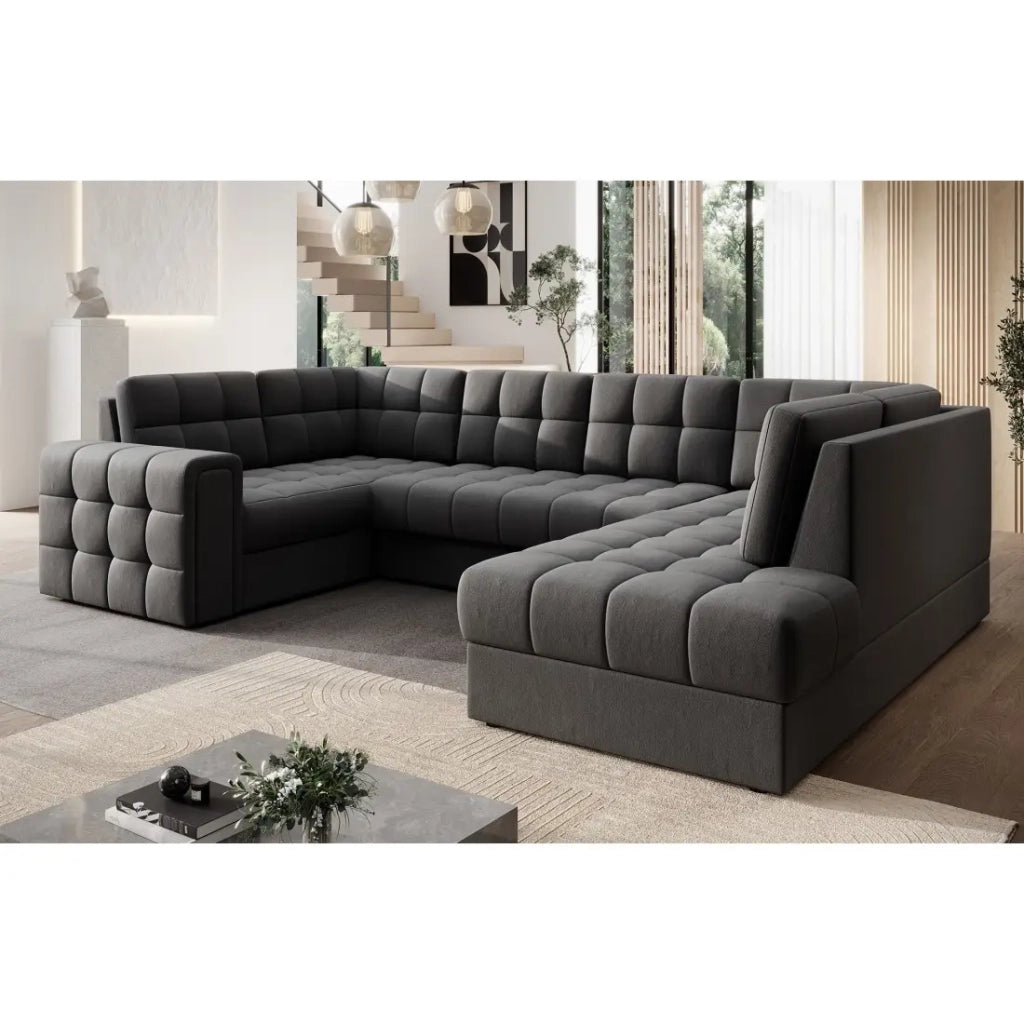 Divano angolare trasformabile MONTEZA grigio scuro 299 cm con contenitore e letto
