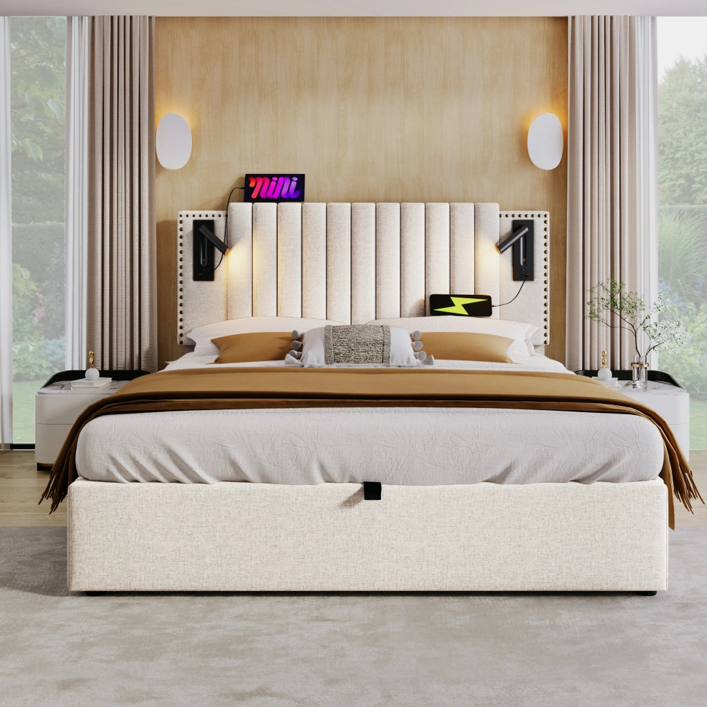 Letti contenitori 140x200 cm; testiera regolabile con luce e USB; cotone beige (Senza materasso)