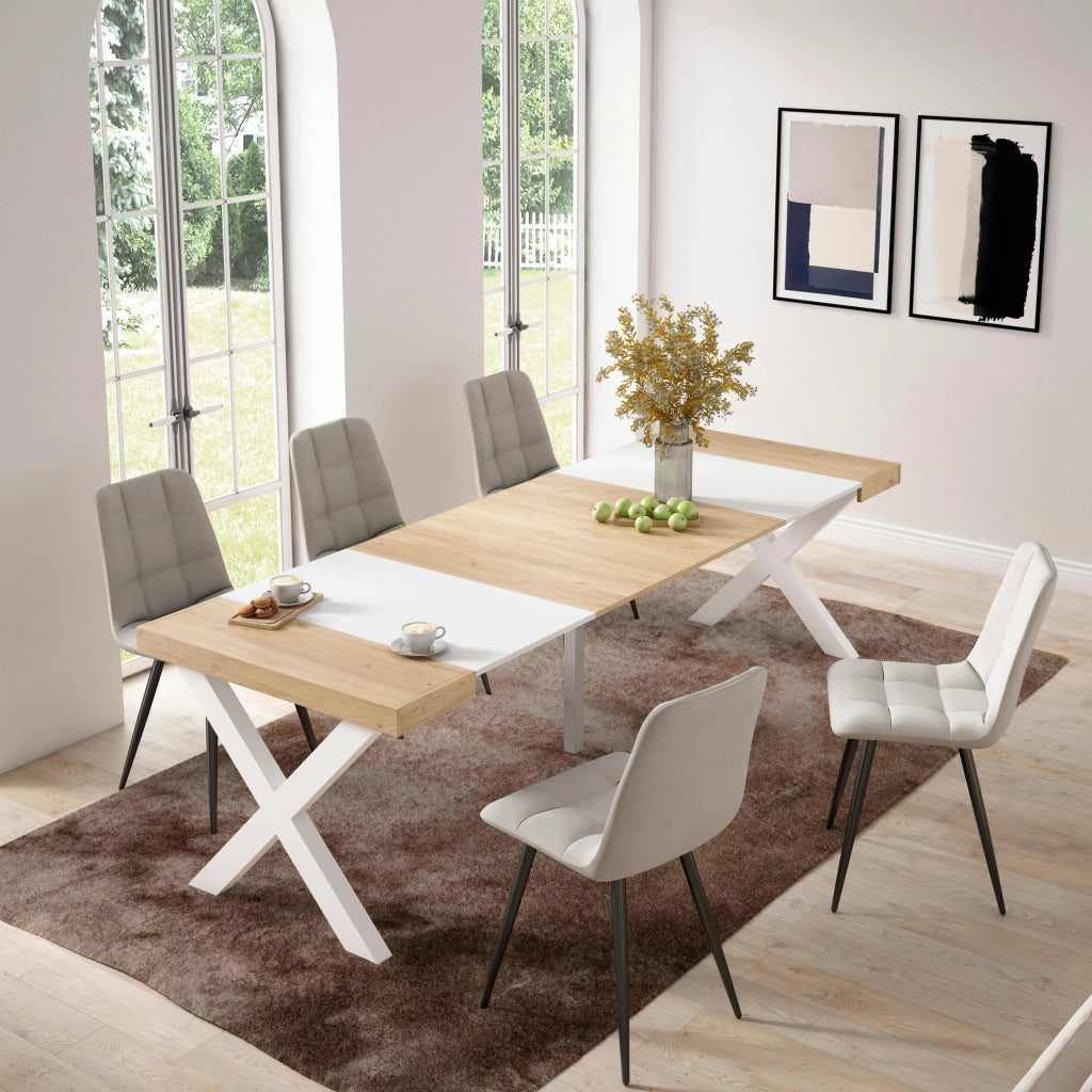 Consolle allungabile, 58 fino 262x90x73cm, Per 12 persone, Gambe in legno, colore Rovere e bianco RF2813