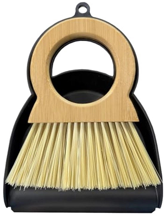 Set di spazzola e spazzola mini - Set di pulizia compatta con manico in bambù e spazzola mini per davanzali, tavoli e scrivanie - Combinazione spazzola e spazzola mini per spazi piccoli (nero)