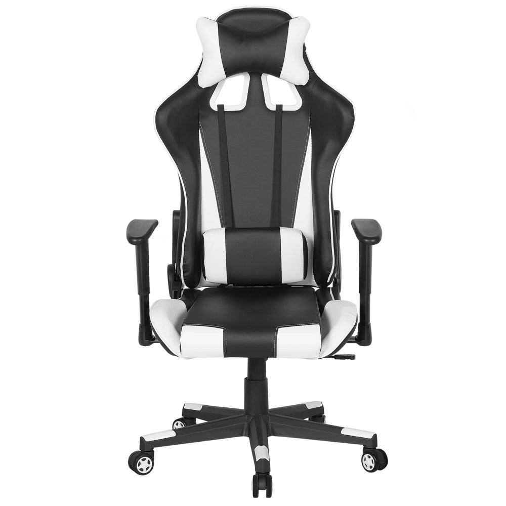 Sedia da gaming in ecopelle nera con braccioli reclinabili bianchi regolabili in altezza Supporto lombare poggiatesta Sedia da ufficio