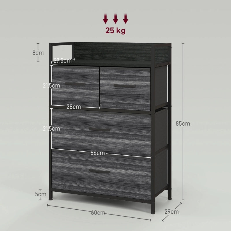 Mobile contenitore con 4 cassetti in tessuto, ripiano superiore, stile industriale, per soggiorno, nero, 60 × 29 × 85 cm