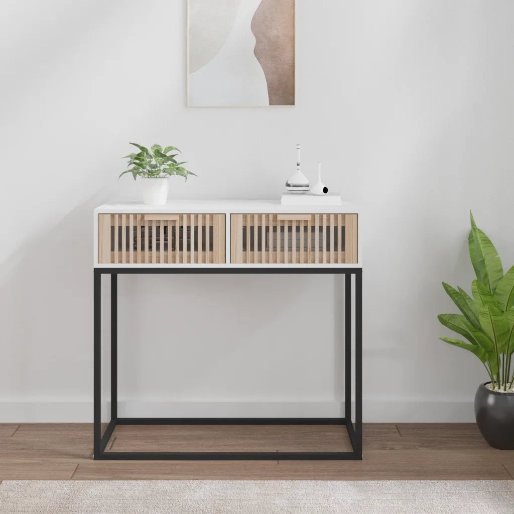 Tavolino Consolle-Tavolino da soggiorno-Tavolo Bianco 80x30x75 cm Legno Multistrato e Ferro