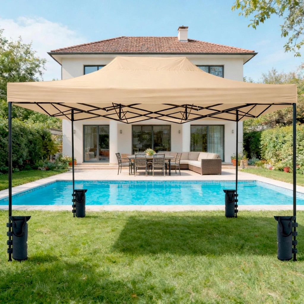 Gazebo Professionale In Acciaio Richiudibile Automatico Con Telo Oxford 1200D PVC Impermeabile E Anti UV Struttura A Fisarmonica Completo Di Sacche Zavorra E Borsa Trasporto Per Sagre Feste Eventi 3x4.5 M Beige