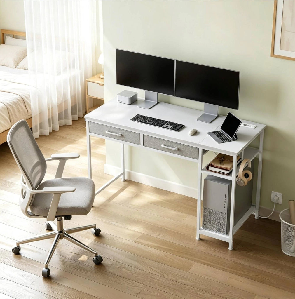Scrivania 120x51 cm bianca – 2 cassetti, ripiano laterale e presa integrata