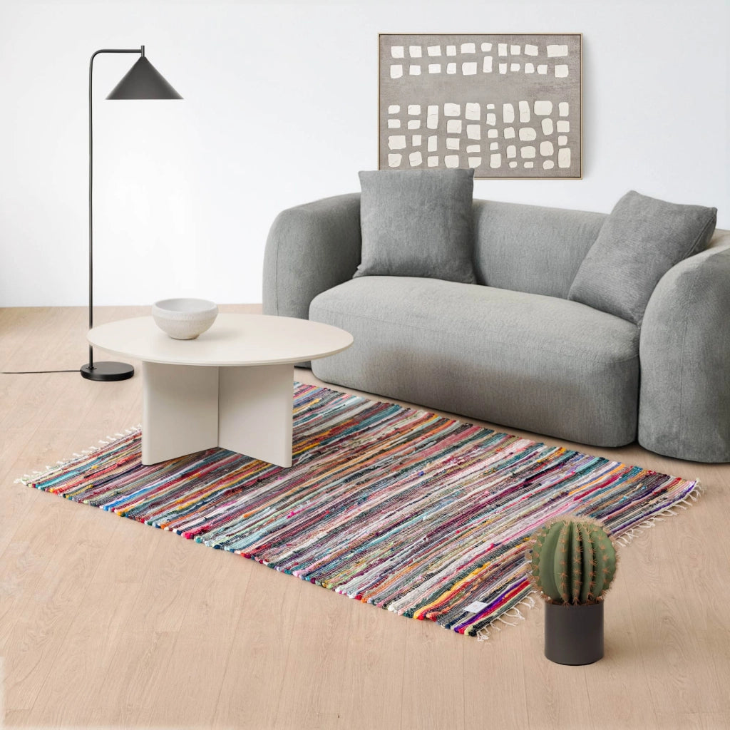 Tappeto Etnico Salotto Multicolore Misure Grande Fatto Mano Indiano Strisce Multicolore Rettangolare Chindi Stracci Riciclato Soggiorno Cucina Scendiletto Stuoia 160x230 Cm