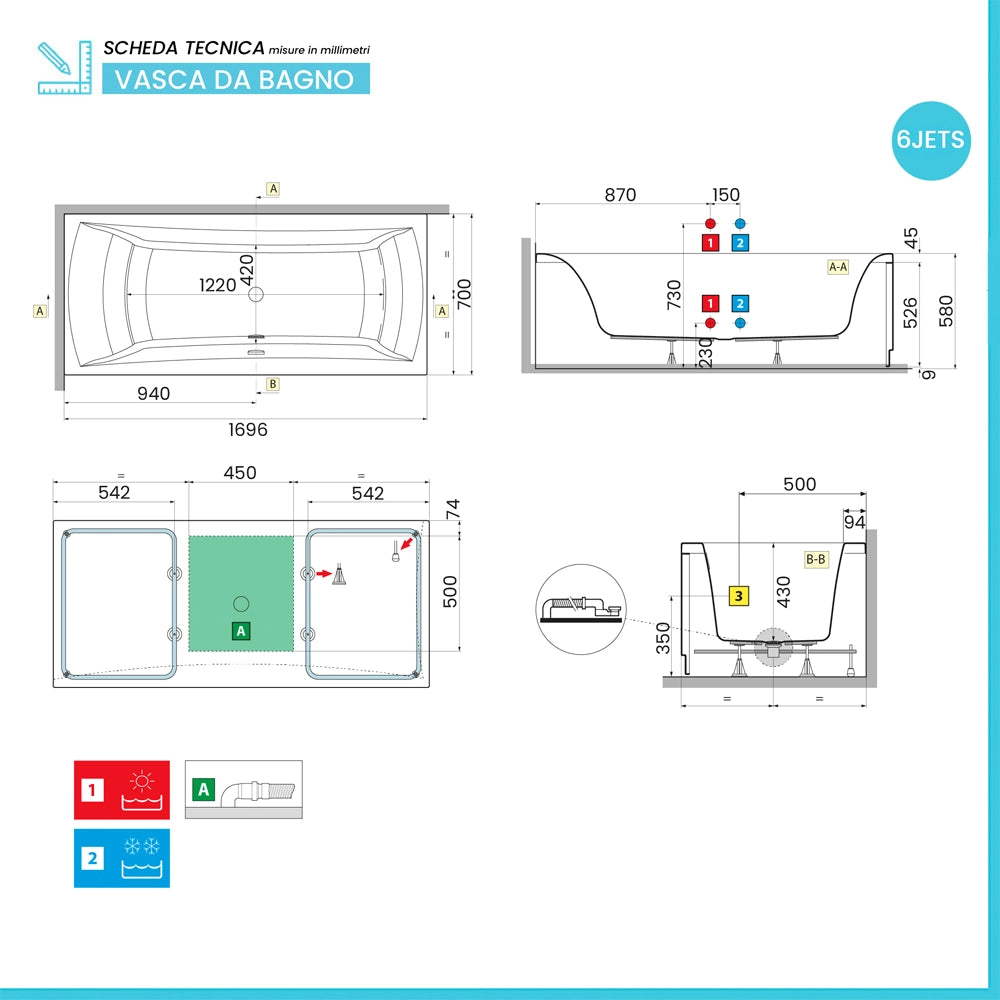 Vasca da bagno idromassaggio 170x70 a 6 JET bianco lucido con cuscino antibatterico Ypsilon