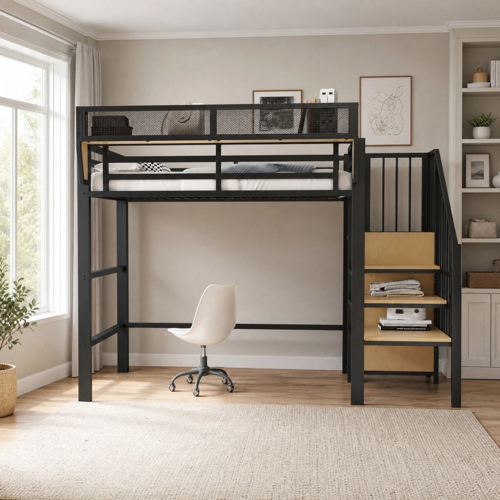 DESMIU Letto a soppalco singolo con scala di sicurezza e ripiano regolabile 90 × 200 cm, senza materasso, nero