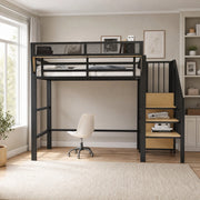 DESMIU Letto a soppalco singolo con scala di sicurezza e ripiano regolabile 90 × 200 cm, senza materasso, nero