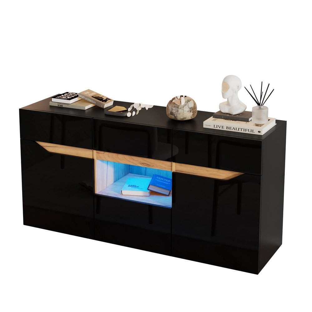 Credenza Soggiorno con Cassetti e LED ¨C MINIMAL ¨C Nero/Legno 140x40x70