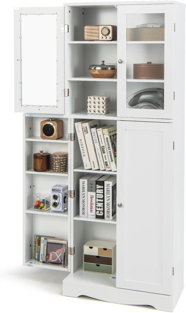 Armadio alto dispensa da cucina, mobile credenza indipendente con due ante in vetro temperato, per sala da pranzo, soggiorno, 60 x 31,5 x 161,5 cm (bianco)