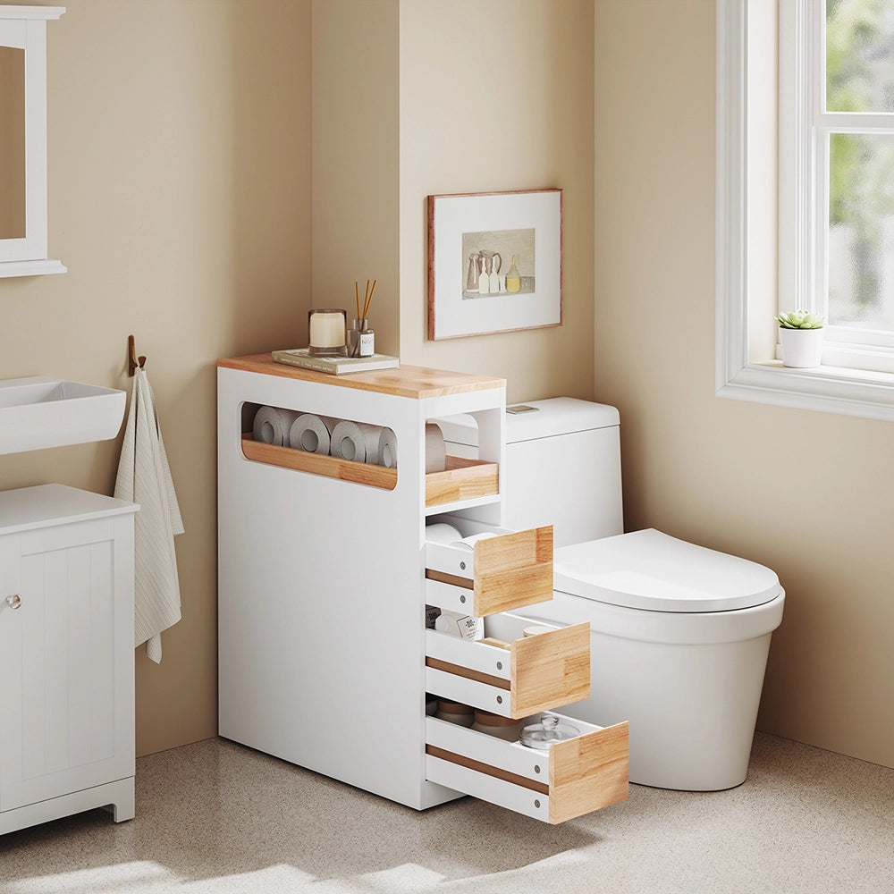 SoBuy | Mobiletto bagno salvaspazio bianco con 4 ruote | Mobile bagno con 3 cassetti | Cassettiera bagno a 2 ripiani | 23.2x65.3x82.0 cm | Capacità di carico 46 kg | BZR54-IV-WN